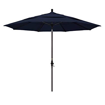 California Umbrella 11' Round Aluminum Pole Fiberglass Rib Market Umbrella, Crank Lift, Collar Tilt, Bronze Pole, Navy Blue Olefin