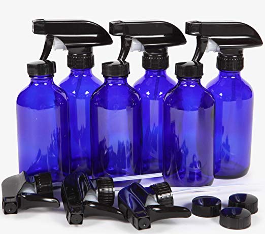 Vivaplex, 6, Large, 8 oz, Empty, Cobalt Blue Glass Spray Bottles with Black Trigger Sprayers and Lids