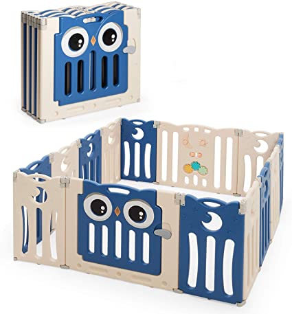 COSTWAY Baby Playpen, Safety Activity Center with Owl Pattern Lock Door, Rubber Pads & Anti-Slip Bases, Foldable Play Yard Fence for Babies, Toddlers (14 Panel, Navy Blue)