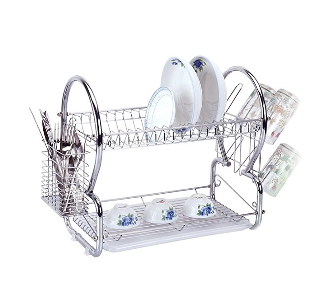 Large dish drainer and cutlery rack - 2-tier silver