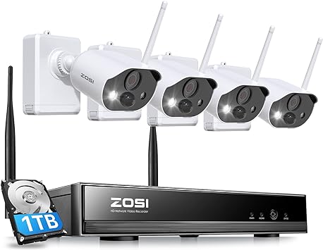 ZOSI 8CH 2K 3MP Battery Powered Wireless Security Camera System, 4 x Wire-Free Outdoor Camera with Color Night Vision, 2-Way Talk, Light & Siren Alarm, 1TB HDD for 24/7 Recording