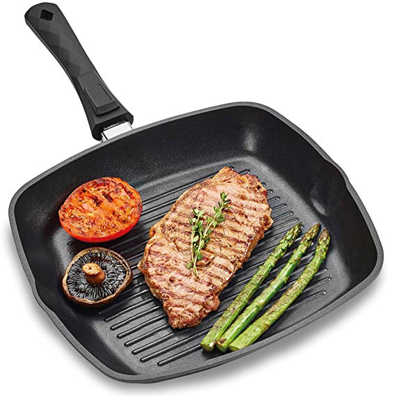 Andrew James Griddle Pan for All Hobs Including Induction | Oven Proof Non-Stick Aluminium Pan with Removable Handle for Steak or BBQ Plus grilled Vegetables and Other Delicious Recipes | Cook and Pour