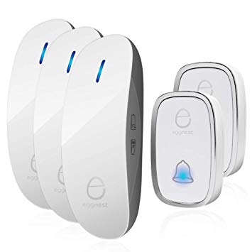 Wireless Doorbell Door Chime Kit Portable Waterproof Push Button over 900ft Long Range 4-Level Volume & Blue Light 36 Melodies to Choose-White (2Transmitters-3Receivers)
