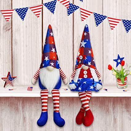 2Pcs 4th of July Patriotic Gnomes Plush Decorations - Mr & Mrs Handmade Swedish Tomte Gnomes Ornaments for Patriotic Party Table Decor- Fourth of July Party Home Mantle Fireplace Decor