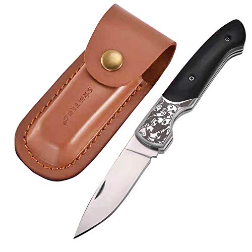 Stainless Steel Folding Camping Pocket Knife 3" Blade 4" Folded 7" Open with Leather Sheath
