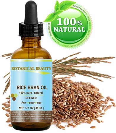 RICE BRAN OIL. 100% Pure/Natural/Refined/Undiluted Cold Pressed Carrier Oil for Face, Body, Hair, Massage and Nail Care. 1 Fl. oz-30 ml.