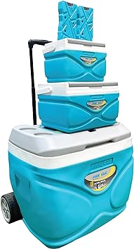 Pinnacle Cooler with Wheels – Practical Set of 66L Cooler with Wheels and Handle – Includes 30L 11L and 4.5L Camping Coolers and 2 Ice Bricks – Cup Holder and Sitting Lid – Extended Cooling Time