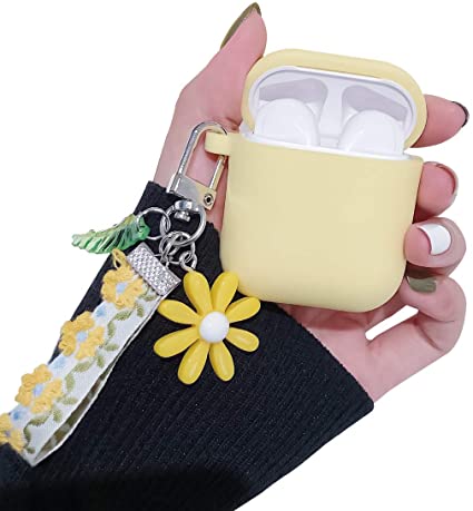 Ownest Compatible with AirPods Case Soft Silicone with Cute Keychain Shockproof Cover Case for Girls Woman Airpods 2 &1-Yellow