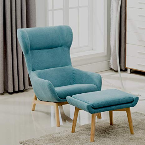 Irene House Contemporary Soft Brush Fabric Reading Chair Height Back Accent Leisure Chair,Living Room,Bedroom Arm Chair (Blue with Ottoman)