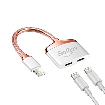 iPhone Dual Lightning Adapter Splitter , SmilerPlus Dual Lightning Metal Headphone Audio and Charge Adapter for iPhone X / 8 Plus / 8 / 7 Plus / 7 , Support iOS 10/11 or Later (Rose Gold)