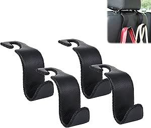 Amooca Car Seat Headrest Hook Universal Vehicle Storage Hanger Leather with Metal Car Seat Back Organizer for Handbag Purse Coat Black 4 Pack