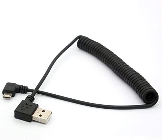 Angled USB Cable, Spring Coiled USB to Micro-USB Extension Cord 90 Degree USB A to Micro B Male Lead