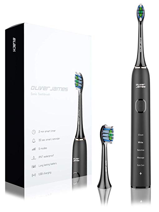 Oliver James New Generation Sonic Electric Toothbrush - 5 Modes – High Speed 4 Hour USB Charge - 30 Days Battery Life - Smart Timer and Reminder Ergonomic Design (Black)