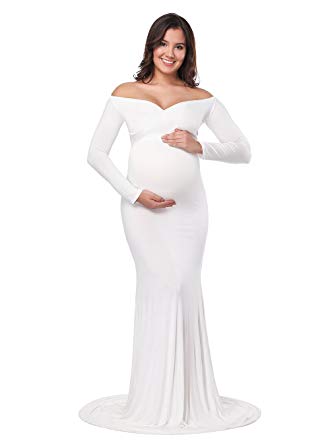 JustVH Maternity Fitted Gown Cross-Front V Neck Ruched Long Sleeve Maxi Photography Dress