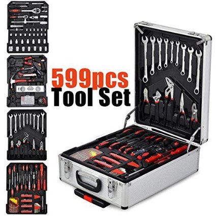 Yaheetech 599pcs Sturdy Aluminium Tool Set Chest Carry Wheeled Case Box Trolley