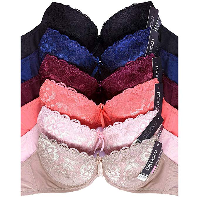 MaMia Women's Full Cup Push Up Lace Bras (Pack of 6)