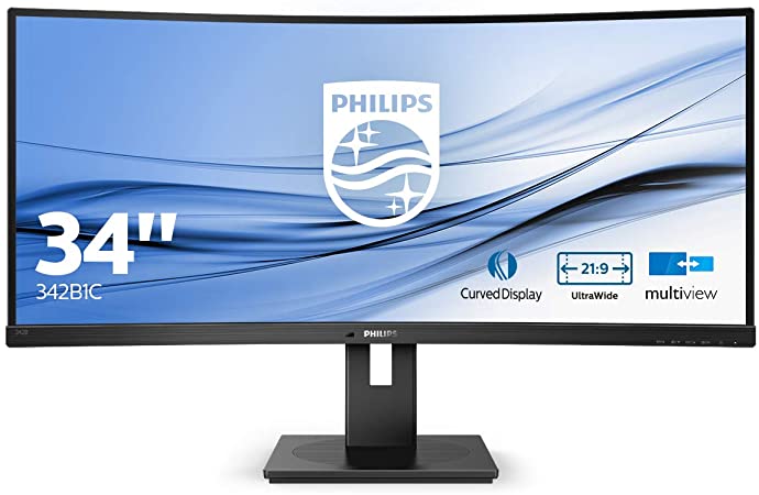 Philips 342B1C- 34 Inch Curved UltraWide Monitor, Speakers, Ergonomic stand, USB Hub, Power sensors, Flicker Free (WFHD 2560 x 1080 @ 75 Hz, 300 cd/m², 4 ms, HDMI 2.0/ DisplayPort 1.2 / HDMI 1.4)