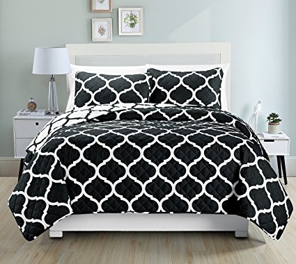 Mk Collection King/California King 3pc Bedspread Modern Reversible Black White Over size 118"x 95" New