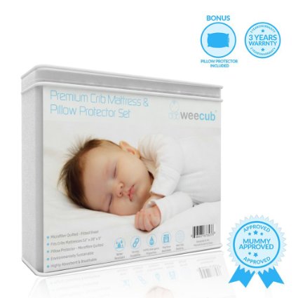 Crib Mattress Pad & Pillow Protecter Set By Weecub®. A Premium Fitted, Waterproof & Quilted Set With Hypo-Allergenic Properties. Organic & Breathable Microfibre Material For Luxuriously Soft Feel.