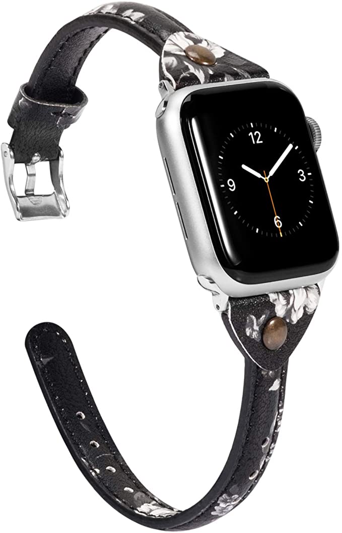 Wearlizer Floral Black White Thin Leather Compatible with Apple Watch Band 38mm 40mm for iWatch Womens Slim Revit Strap Wristband Cute Unique Bracelet (Silver Buckle) Series 5 4 3 2 1 Edition Sport