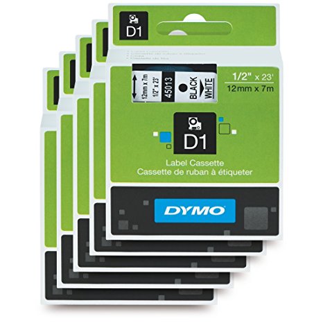 DYMO Standard D1 Labeling Tape for LabelManager Label Makers, Black print on White tape, 1/2'' W x 23' L, 1 catridge (45013) 5 PACK