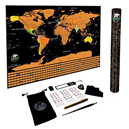 Dolfynn scratch off map of the world travel poster with USA States - amazing scratchable black & gold foil on laminated paper with colorful details and best tool set - beautiful framed wall decor