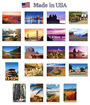 AMERICA THE BEAUTIFUL postcard set of 20. Post card variety pack depicting United States travel sites and American theme postcards. Made in USA.