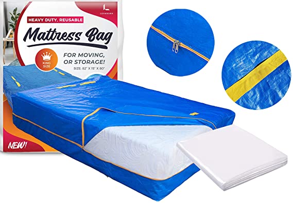 LEVARARK Mattress Bags for Moving and Storage | King Size Double Cover | Heavy Duty Tarp Plus 4 Mil Thick Plastic Protector | Sturdy Reusable Material | 8 Handles and Strong Zipper Closure (1 pck)
