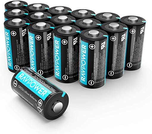 CR123A 3V Lithium Battery RAVPower Non-Rechargeable Lithium Batteries, 16-Pack, 1500mAh Each, 10 Years of Shelf Life for Arlo Cameras, Polaroid, Flashlight, Microphones [CAN NOT BE RECHARGED]