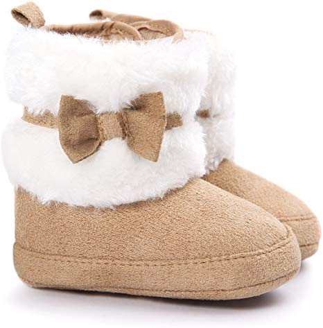 LIVEBOX Baby Girls' Premium Soft Sole Bow Anti-Slip Mid Calf Warm Winter Infant Prewalker Toddler Snow Boots Khaki