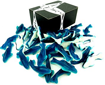 Gummy Blue Sharks by Cuckoo Luckoo Confections, 2 lb Bag in a BlackTie Box