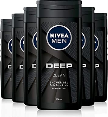 NIVEA MEN Deep Shower Gel Pack of 6 (6 x 250ml), Face, Hair & Body Wash Black Charcoal Shower Gel, 24H Deeply Cleansing and Invigorating Men's Shower Gel