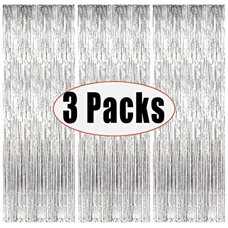 Fecedy 3pcs 3.2ft x 6.6ft Silver Metallic Tinsel Foil Fringe Curtains Photo Booth Props for Birthday Wedding Engagement Bridal Shower Baby Shower Bachelorette Holiday Celebration Party Decorations