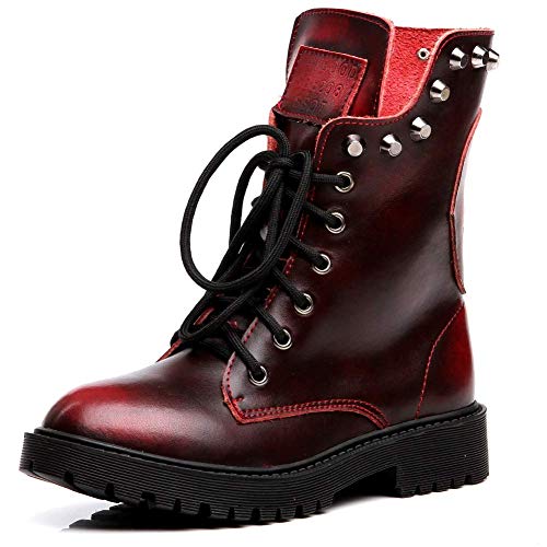 Shenn Women's Round Toe Mid Calf Punk Military Combat Boots