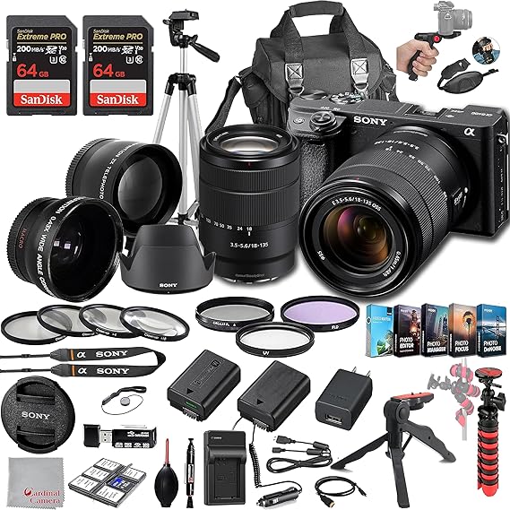 Sony a6400 Mirrorless Camera with 18-135mm Lens, 128GB Extreem Speed Memory,.43 Wide Angle & 2X Lenses, Case,Tripod, Filters, Hood, Grip,Spare Battery & Charger,Editing Software Kit -Deluxe Bundle