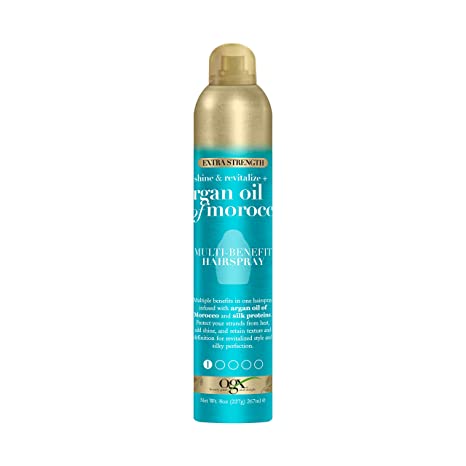 OGX Revitalize   Argan Shine Extra Strength Multi-Benefit Heat Protection Hairspray with Argan Oil & Silk Proteins to Nourish Hair, Tame Frizz & Non-Greasy Shine, 8 oz