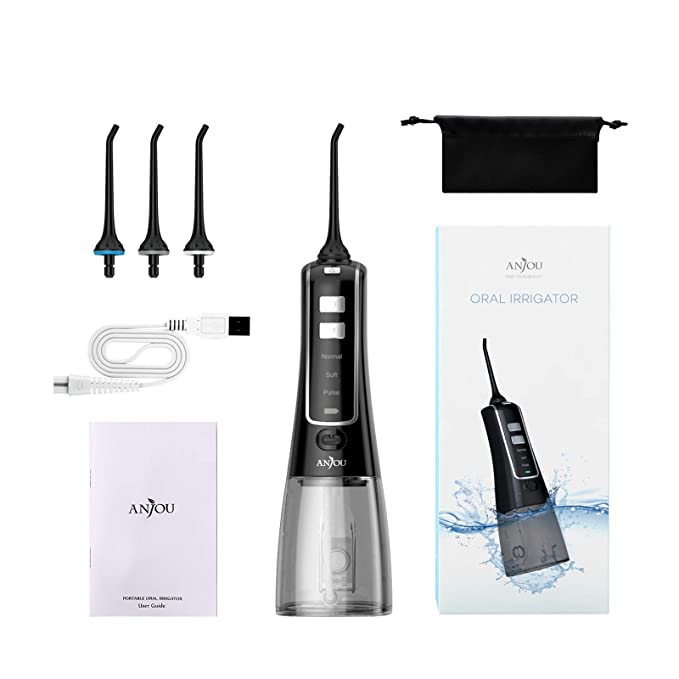 Anjou Water Flosser Professional Cordless Dental 300 ML Oral Irrigator, IPX7 Waterproof 3 Modes & 4 Jet Tips with Cleanable Water Tank Portable and Rechargeable for Home Travel, Braces & Bridge Care