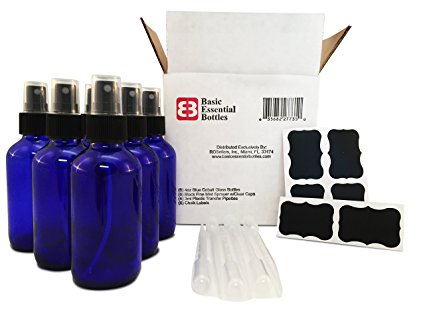 (6) 4 Ounce 4 oz Empty Cobalt Blue Glass Bottles W/black Fine Mist Sprayer (6) 3ml Pipettes (6) Chalk Labels for Essential Oils, Cleaning Products, Aromatherapy