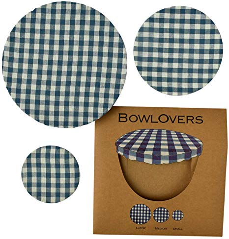 Reusable Cotton Gingham Design Bowlovers in Blue , Eco Friendly, Set of 3 in 3 Sizes, Elasticated to Fit a Variety of Sized Bowls. Machine Washable. Ideal for Covering Food in the Fridge, Use at Barbecues, or While Preparing Food to Protect from Flies, Dust and Pets. Hunter Gatherer