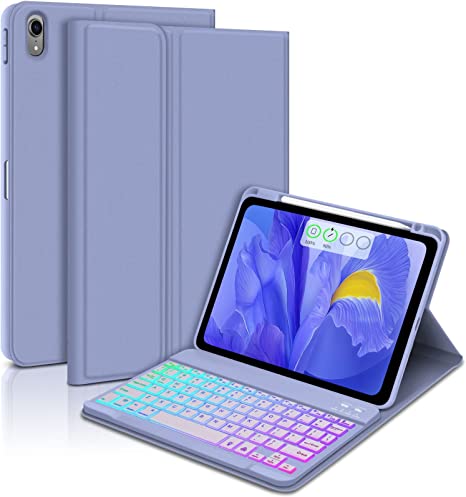 GOOJODOQ for iPad Air 5th (2022) 10.9” 7 Colors Backlit Keyboard Case-Detachable Keyboard Case for Air 4th (2020) with Pencil Holder- BT Keyboard Cover with Anti-Scratch and Fingerprint-Proof(Purple)