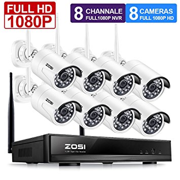 ZOSI FULL HD 1080P Wireless Security Camera System 8CH 1080P Wireless Surveillance NVR Systems and (8) HD 2.0 Megapixel 1920x1080 WIFI Indoor Outdoor IP CCTV Cameras No Hard Drive