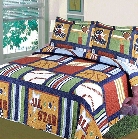 Fancy Collection Blue Red Green Sport Kids/teens 5 Pc Quilt and Sheet Set Bedding Twin Size