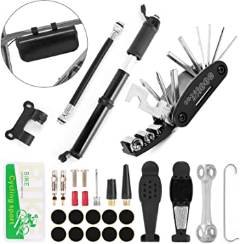 Odoland Bike Tire Repair Tools Kit with 120 PSI Bicycle Mini Portable Pump Fits Schrader Presta,15-in-1 Multi-Function Bike Tool, Tyre Levers &Tire Patch, Bone Wrench, Portable Bag, Presta Valve Caps