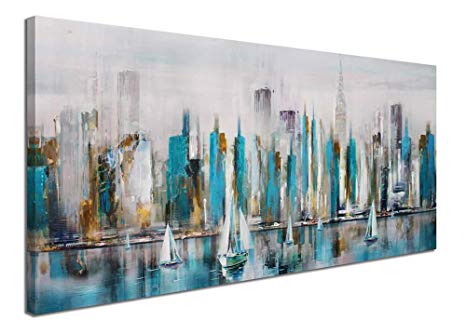Manhattan River Abstract Painting Canvas Wall Art Decor Modern City New York View Painting Artwork for Living Room Bedroom Office Home Decoration