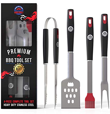 American BBQ Grill Tools - Premium Grilling Set - 4 Piece Utensils: Spatula, Tongs, Fork and Basting Brush - Heavy Duty Stainless Steel Barbecue Accessories for Him - 10 Year Warranty