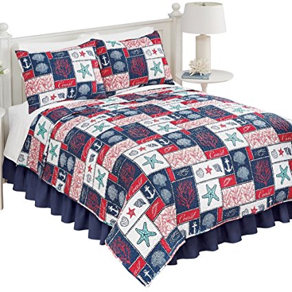 Catalina Coastal Navy Red White Seaside Pattern Reversible Lightweight Quilt, Red Multi, Full/Queen