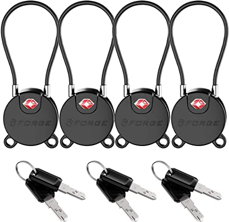 Forge TSA Approved Luggage Locks Ultra-Secure Dimple Key Travel Locks with Zinc Alloy Body- Black 4 Cable Locks