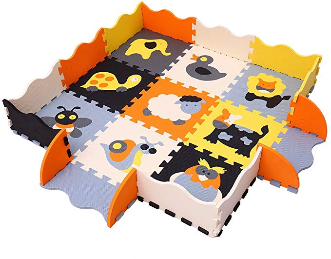 MQIAOHAM Multicoloured Puzzle Mat 9pcs with Fence for Kids Play Area | Interlocking EVA Foam Mats | Play Rug for Children | Puzzle Playmat with Animals Shapes Animals and Pets Pop-Out P011B3010