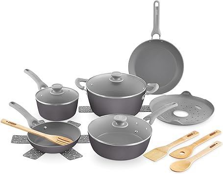 DASH Dream Green Nonstick Ceramic Cookware Set, 15 Piece, Slate Grey - Recycled Aluminum and Ceramic, Nonstick Cookware Set, Oven Safe and Compatible with All Cooktops