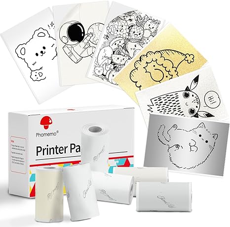 Phomemo M02 Sticker Paper- M02 Mini Printer Paper, White, Semi-transparent, Transparent, Gold, White glitter, Silver Thermal Adhesive Paper,Long-term preservation, 5.3mm x 3.5m, 6ROLL